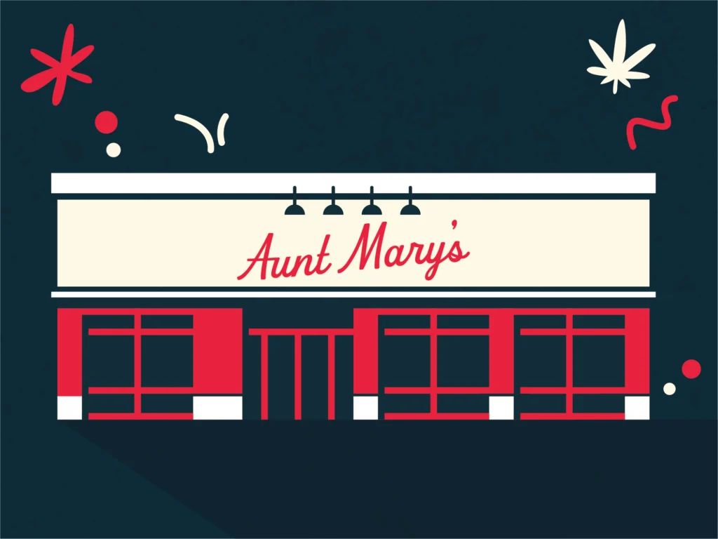 "Flat illustration of Aunt Mary’s dispensary storefront with red window frames, signage, and festive cannabis-themed graphics on a dark blue background"