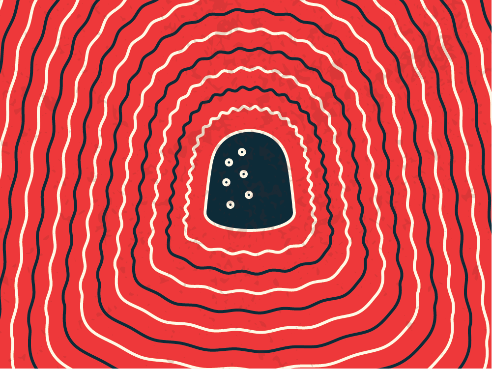 "Abstract illustration of a single THC edible surrounded by concentric wavy red lines, representing intensity and focus in a retro, flat design style"