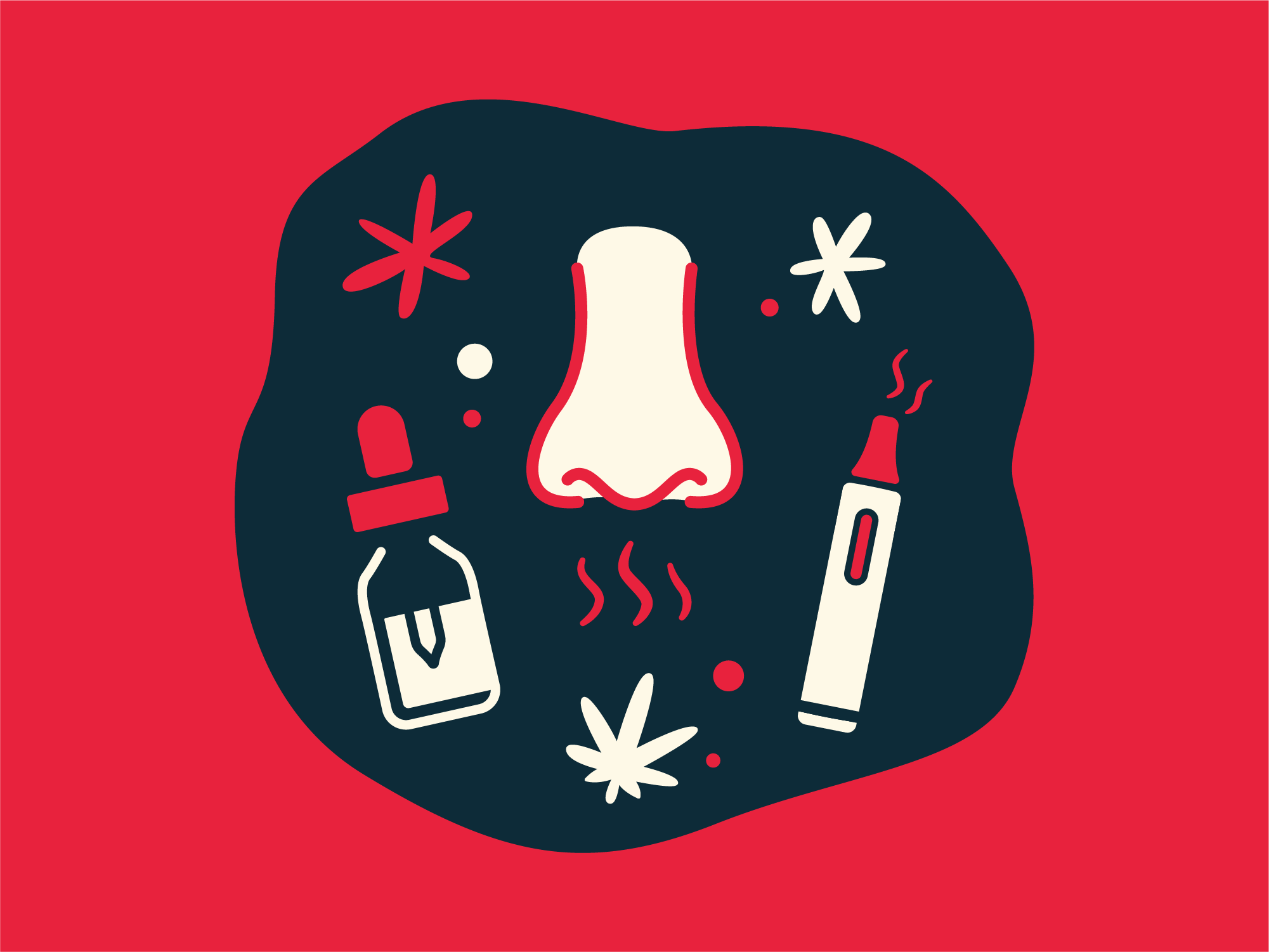 "Flat-style illustration of a nose with aroma lines, a vape pen, cannabis tincture bottle, and stylized cannabis leaves on a dark blue shape over a red background"