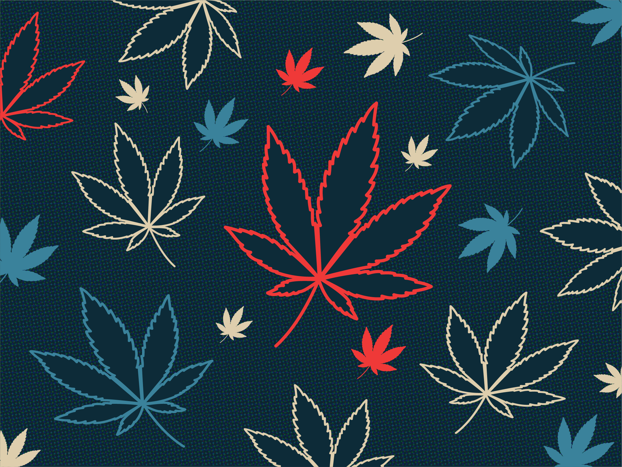 Stylized cannabis leaves in red, blue, and cream arranged in a patterned design on a dark textured background