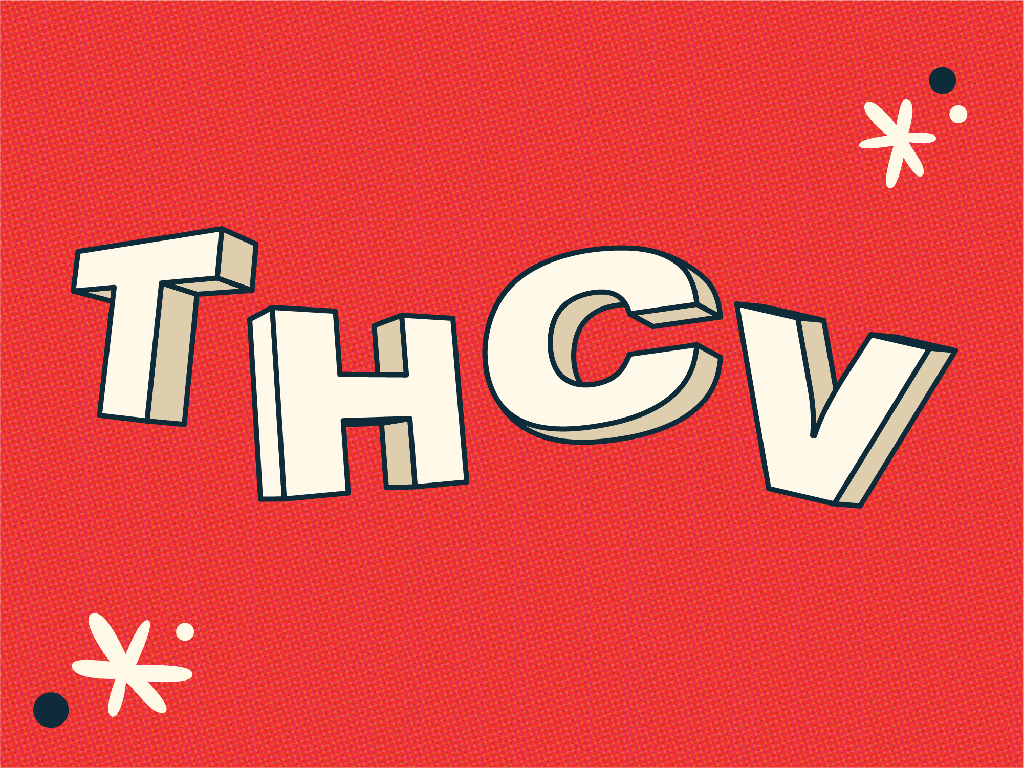 THCV text in bold block lettering on a red textured background with minimal decorative elements