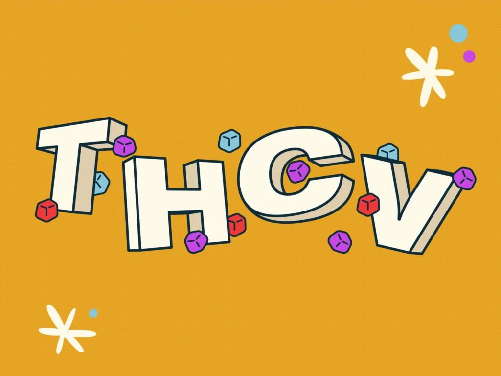 Retro-style illustration of a THCV gummy package with red and yellow gummies representing energy, focus, and clarity.