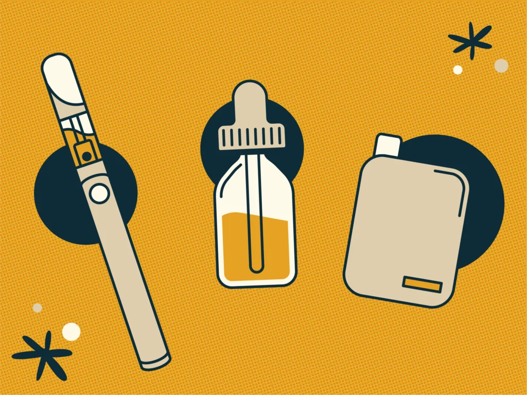 Retro-style vector illustration comparing cannabis vape products including a cartridge vape, tincture bottle, and disposable vape device.
