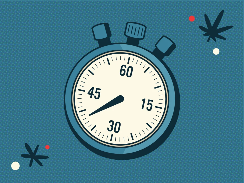 Retro vector stopwatch illustration representing cannabis effects timing and onset duration.