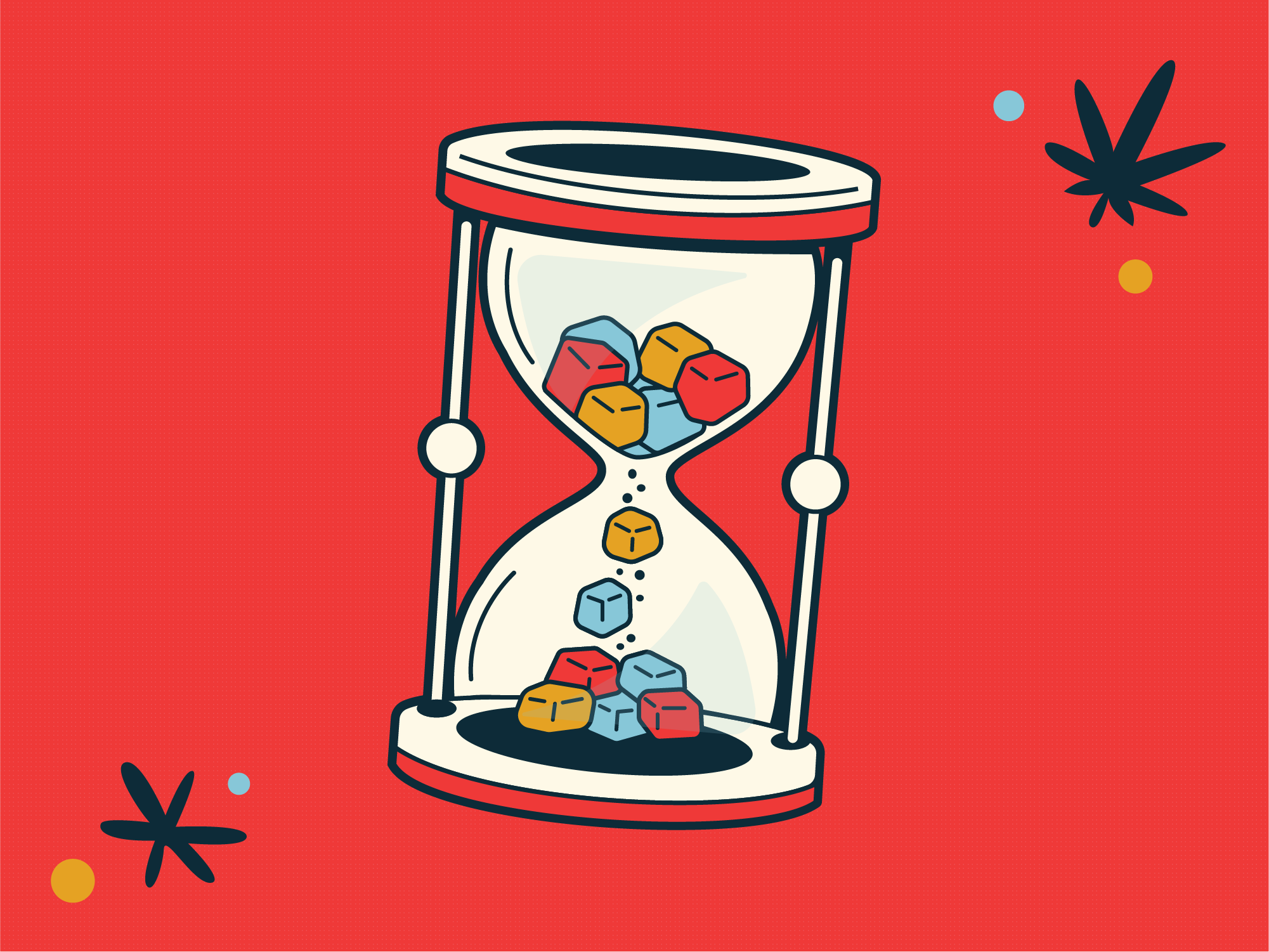 Retro illustration of a hourglass with cannabis gummies representing edible onset time and the importance of waiting before taking more.