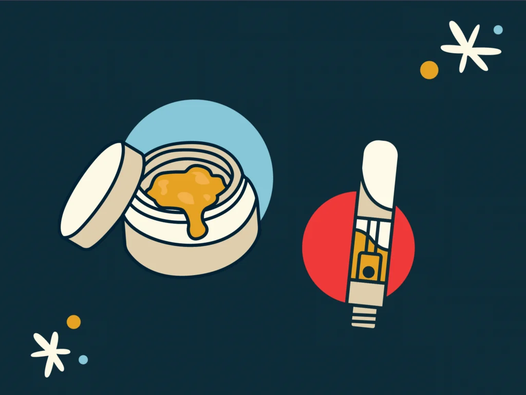 Retro illustration comparing cannabis concentrates with a live resin jar, wax on a dab tool, and distillate vape cartridge.
