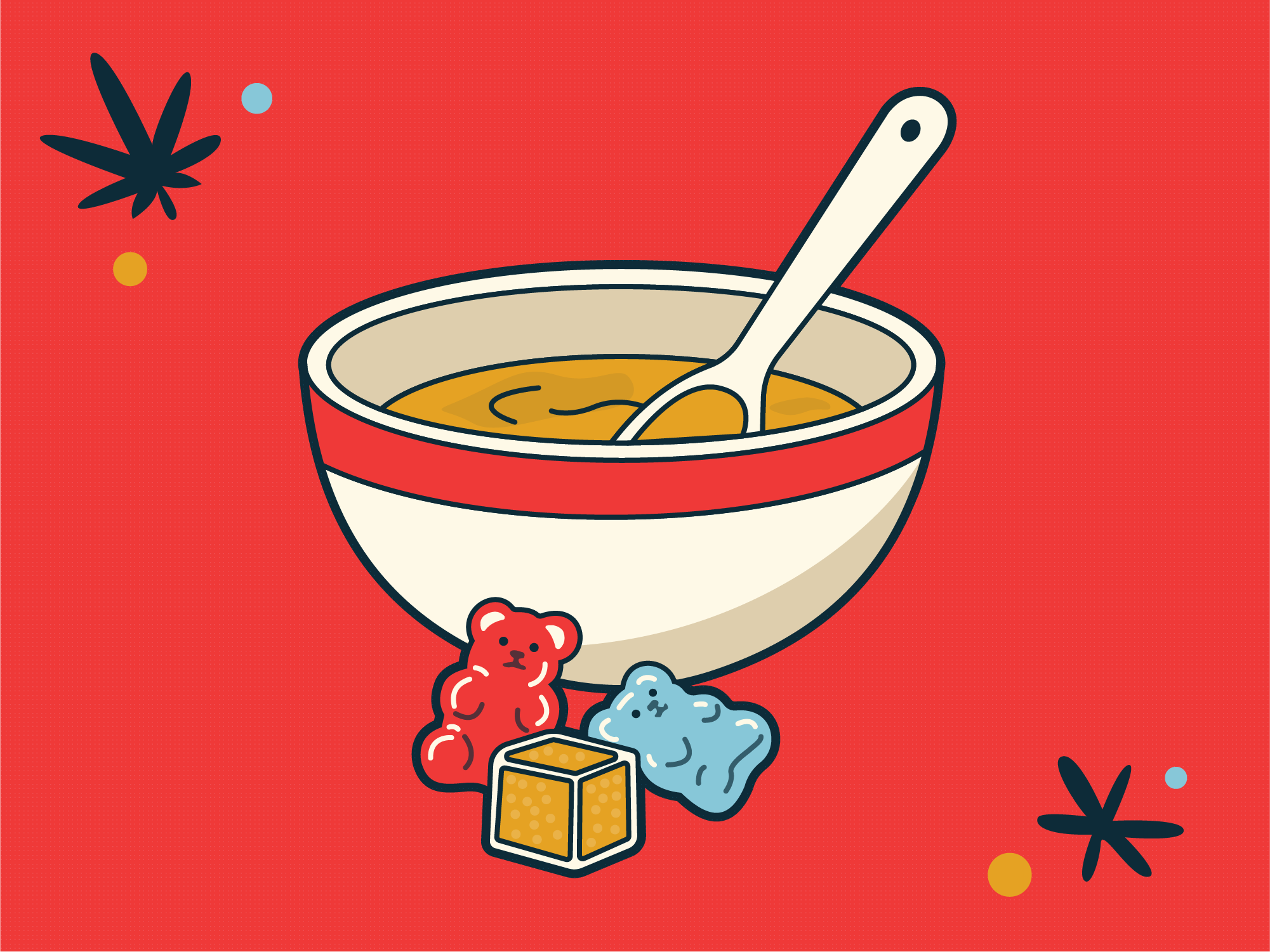 Retro-style illustration of a mixing bowl with a spoon and colorful cannabis gummies, representing the process of making homemade edibles.